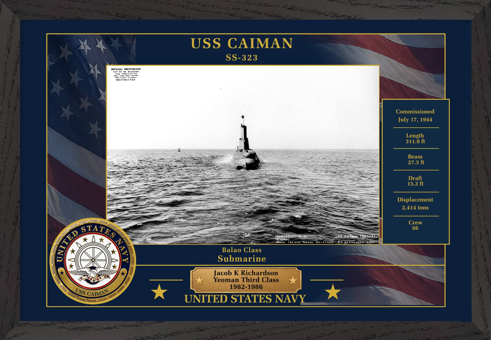 USS Caiman SS-323 Framed Patriotic Photo