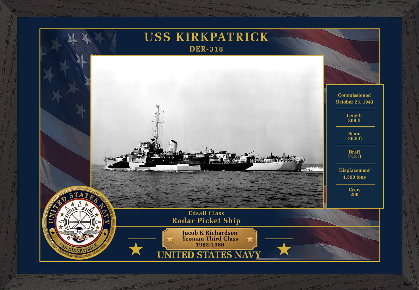 USS Kirkpatrick DER-318 Framed Patriotic Photo