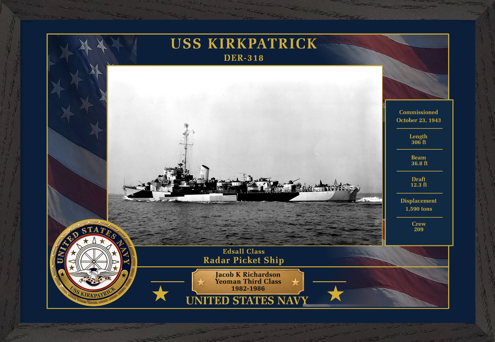 USS Kirkpatrick DER-318 Framed Patriotic Photo