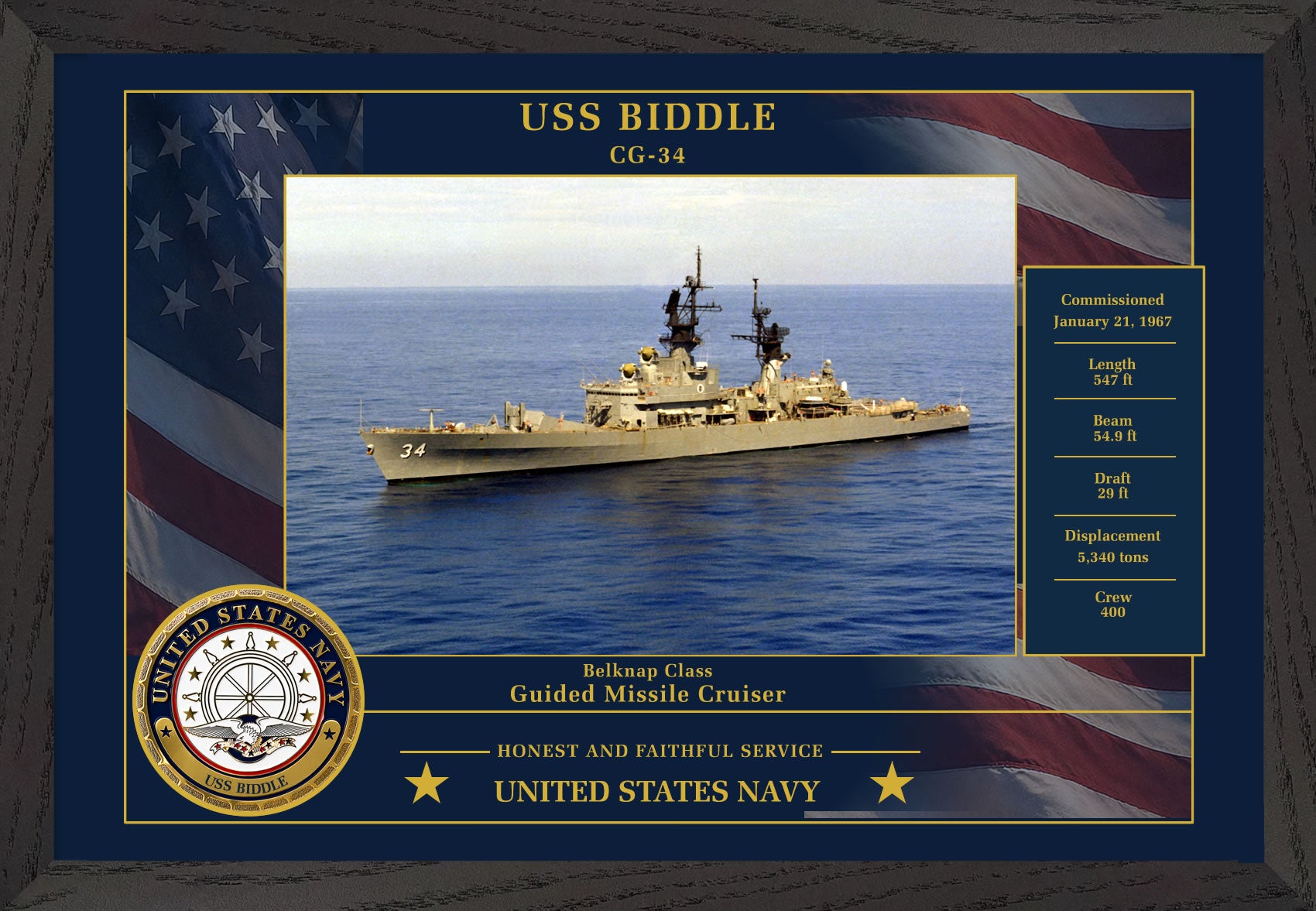USS Biddle CG-34 Framed Patriotic Photo
