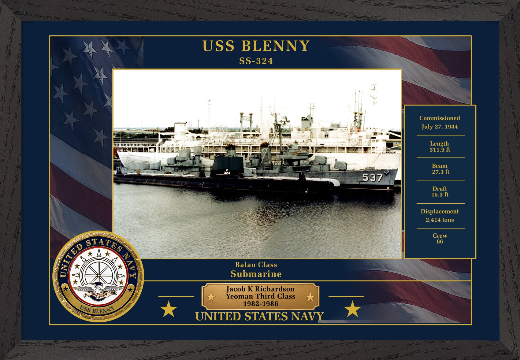 USS Blenny SS-324 Framed Patriotic Photo