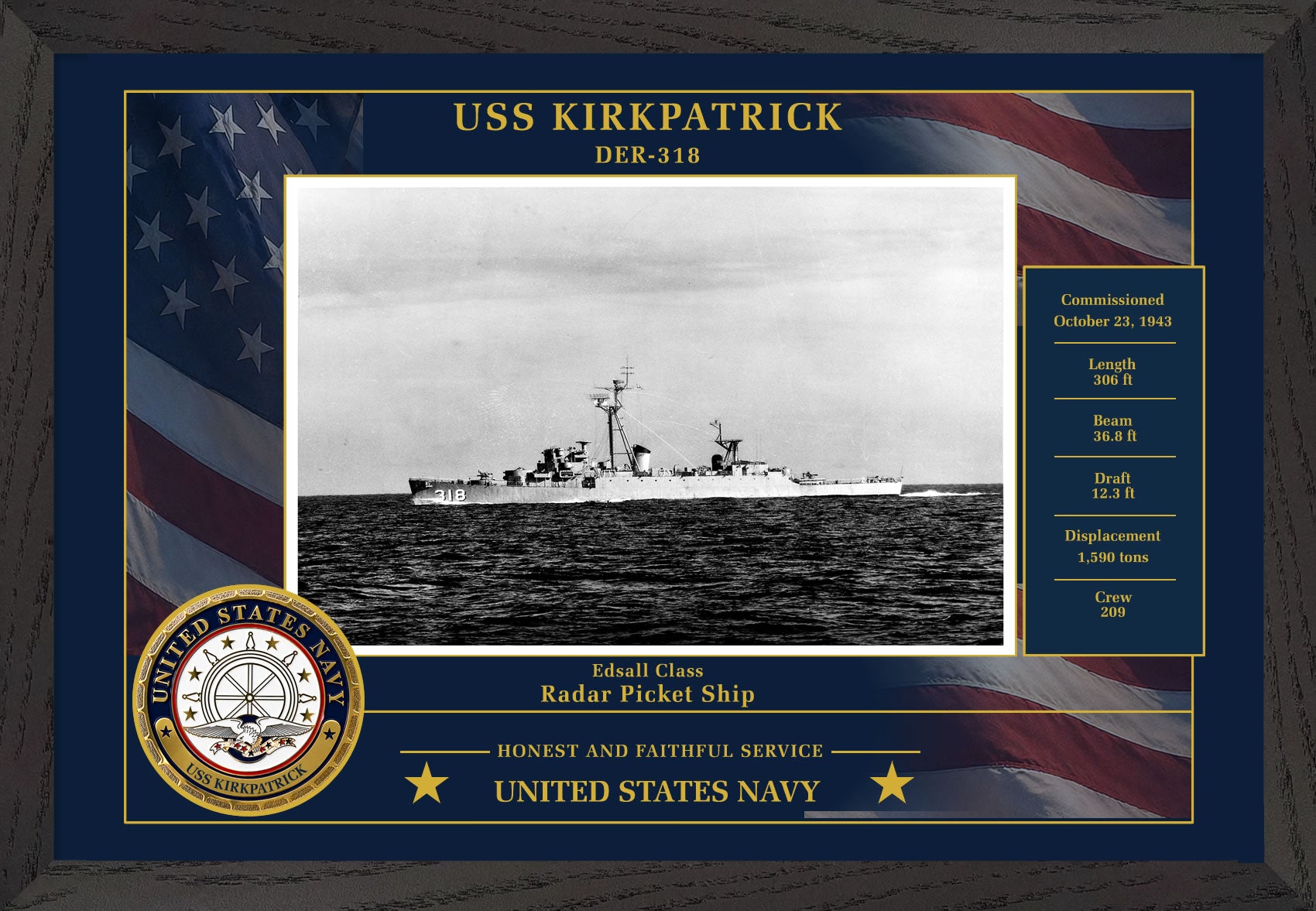 USS Kirkpatrick DER-318 Framed Patriotic Photo