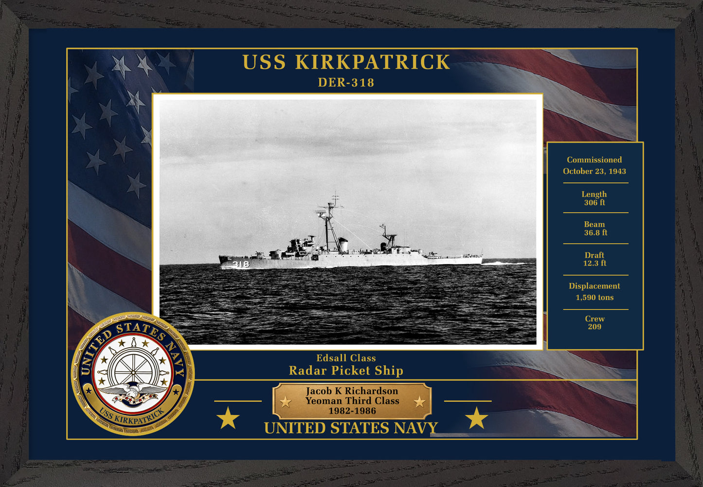 USS Kirkpatrick DER-318 Framed Patriotic Photo