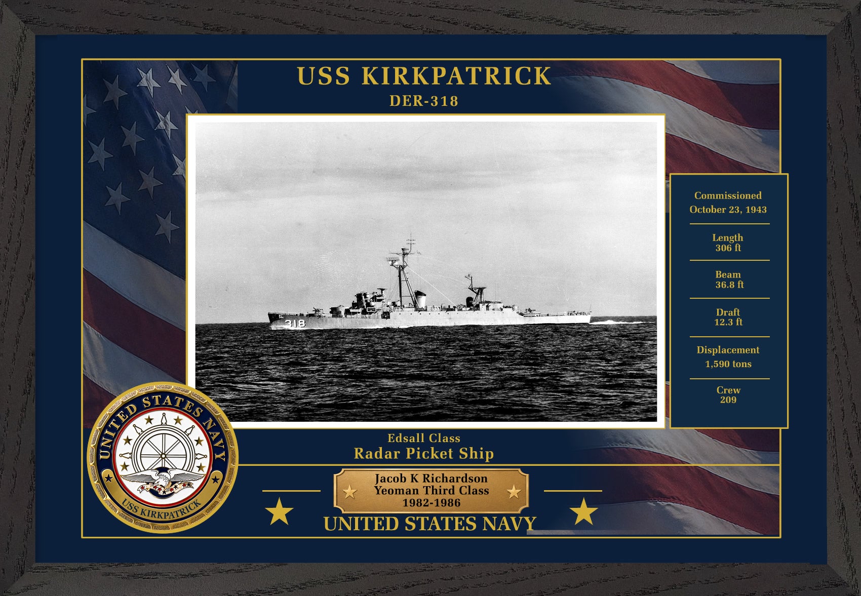 USS Kirkpatrick DER-318 Framed Patriotic Photo