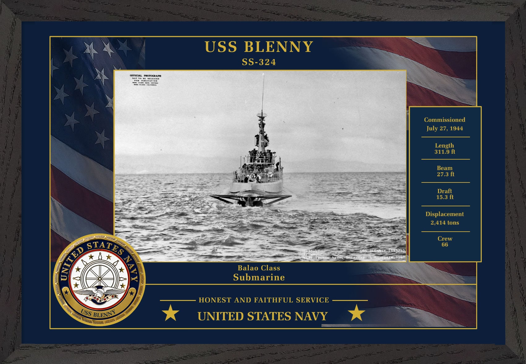 USS Blenny SS-324 Framed Patriotic Photo