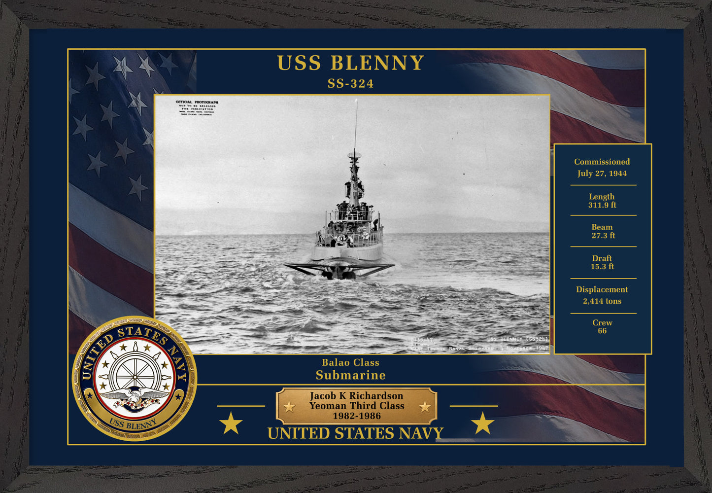 USS Blenny SS-324 Framed Patriotic Photo