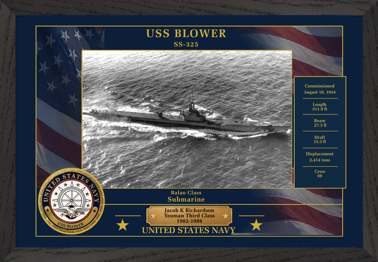 USS Blower SS-325 Framed Patriotic Photo