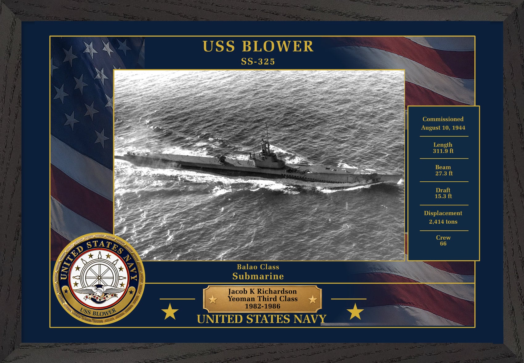USS Blower SS-325 Framed Patriotic Photo