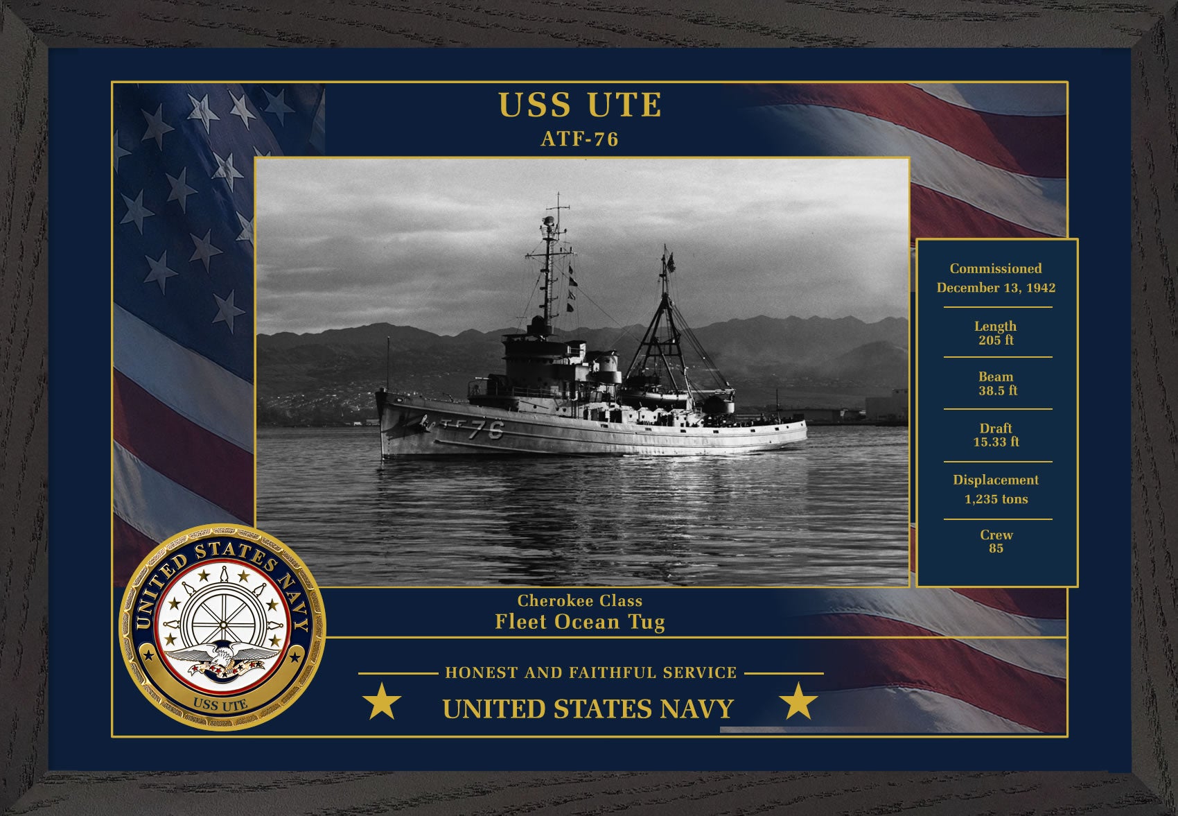 USS Ute ATF-76 Framed Patriotic Photo