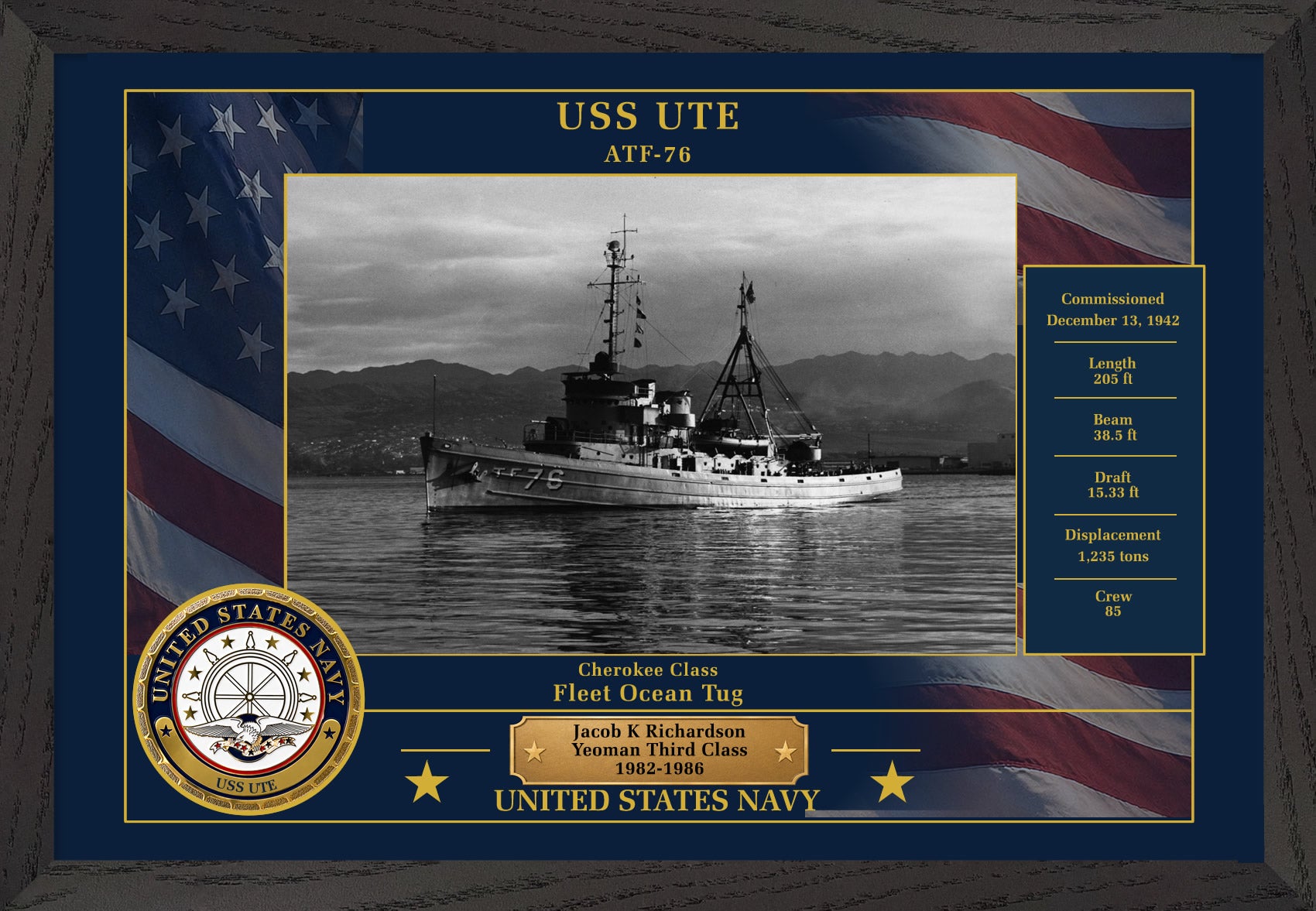USS Ute ATF-76 Framed Patriotic Photo