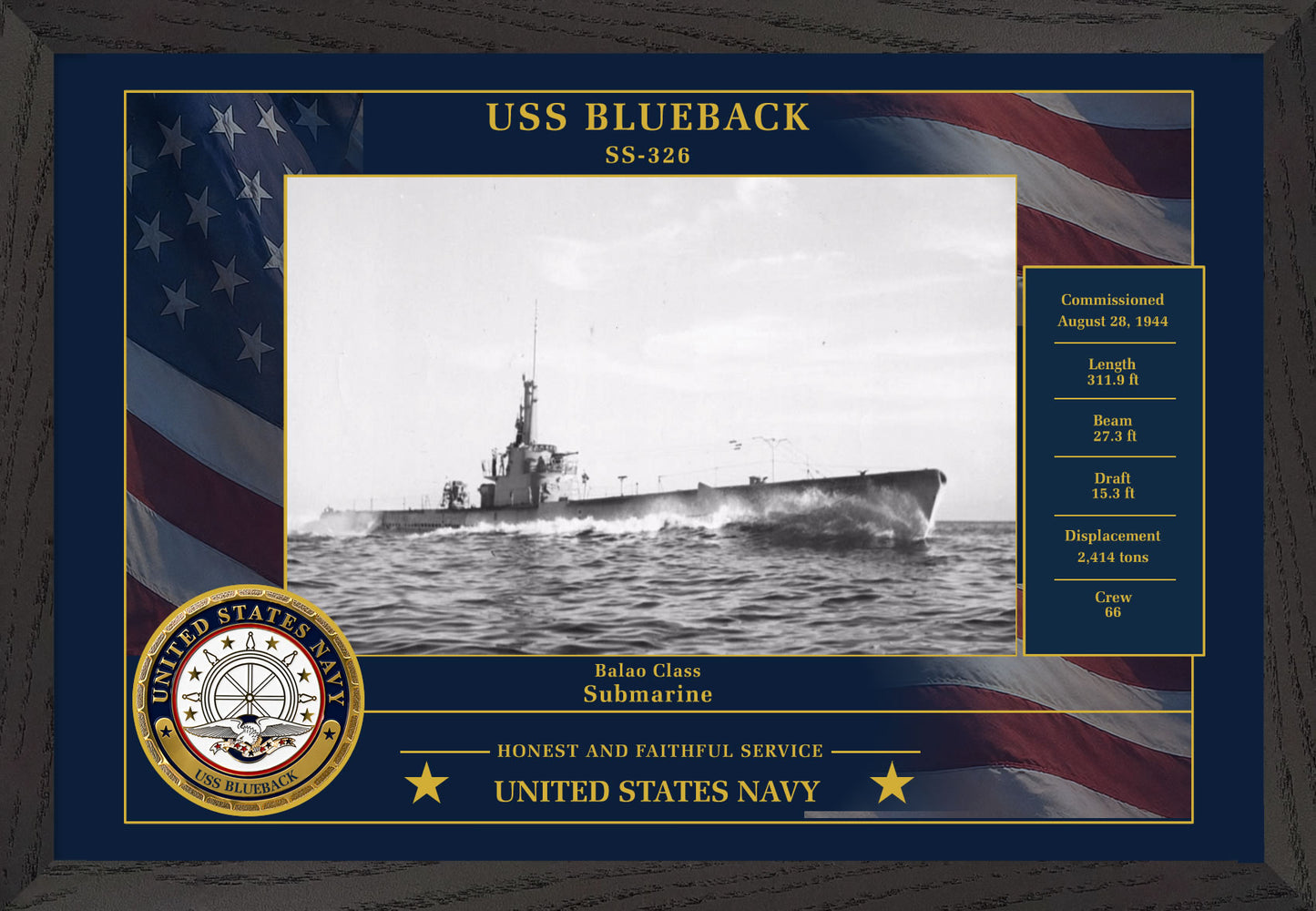 USS Blueback SS-326 Framed Patriotic Photo