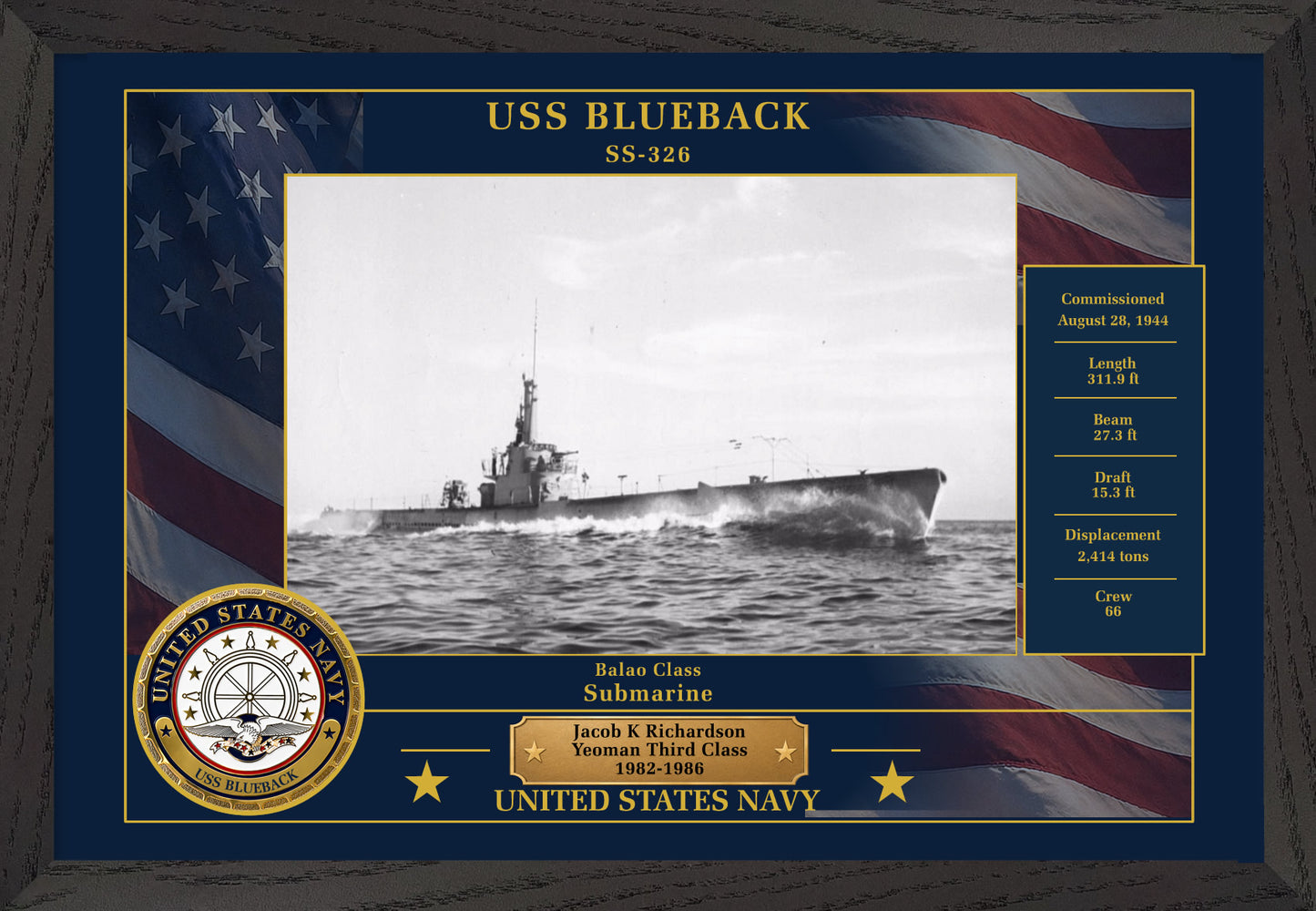 USS Blueback SS-326 Framed Patriotic Photo