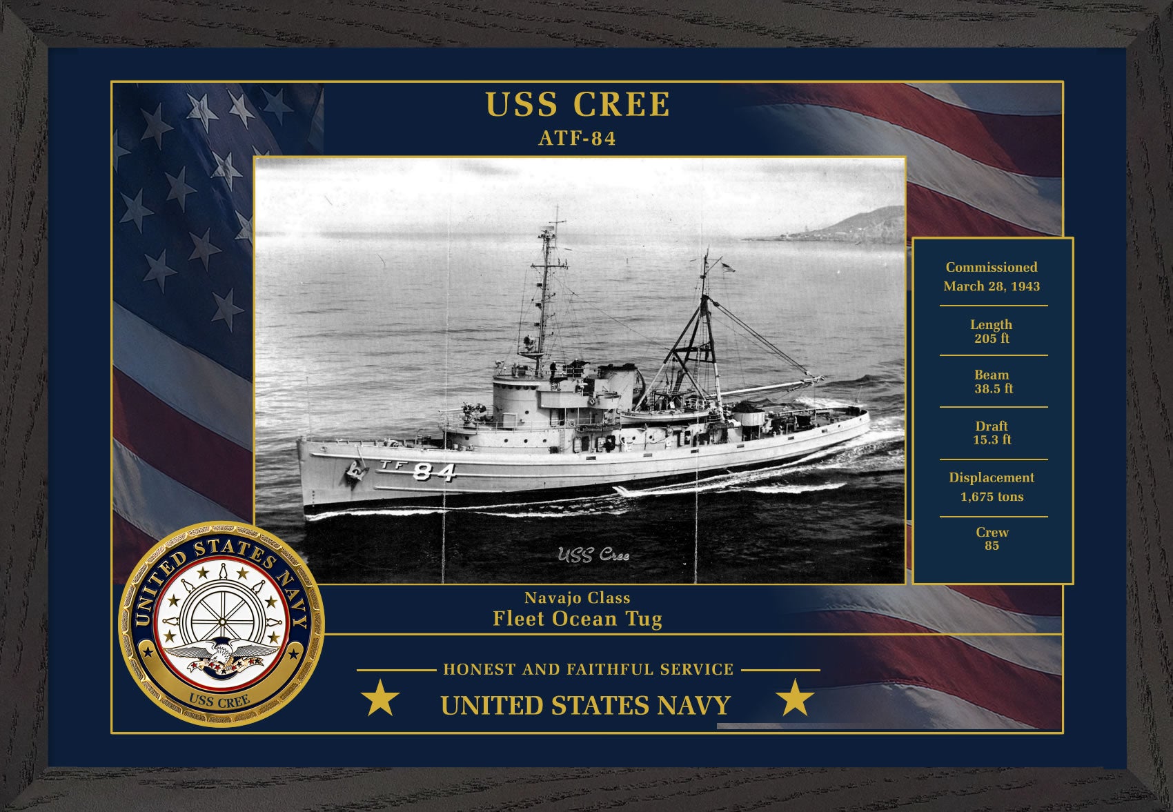 USS Cree ATF-84 Framed Patriotic Photo