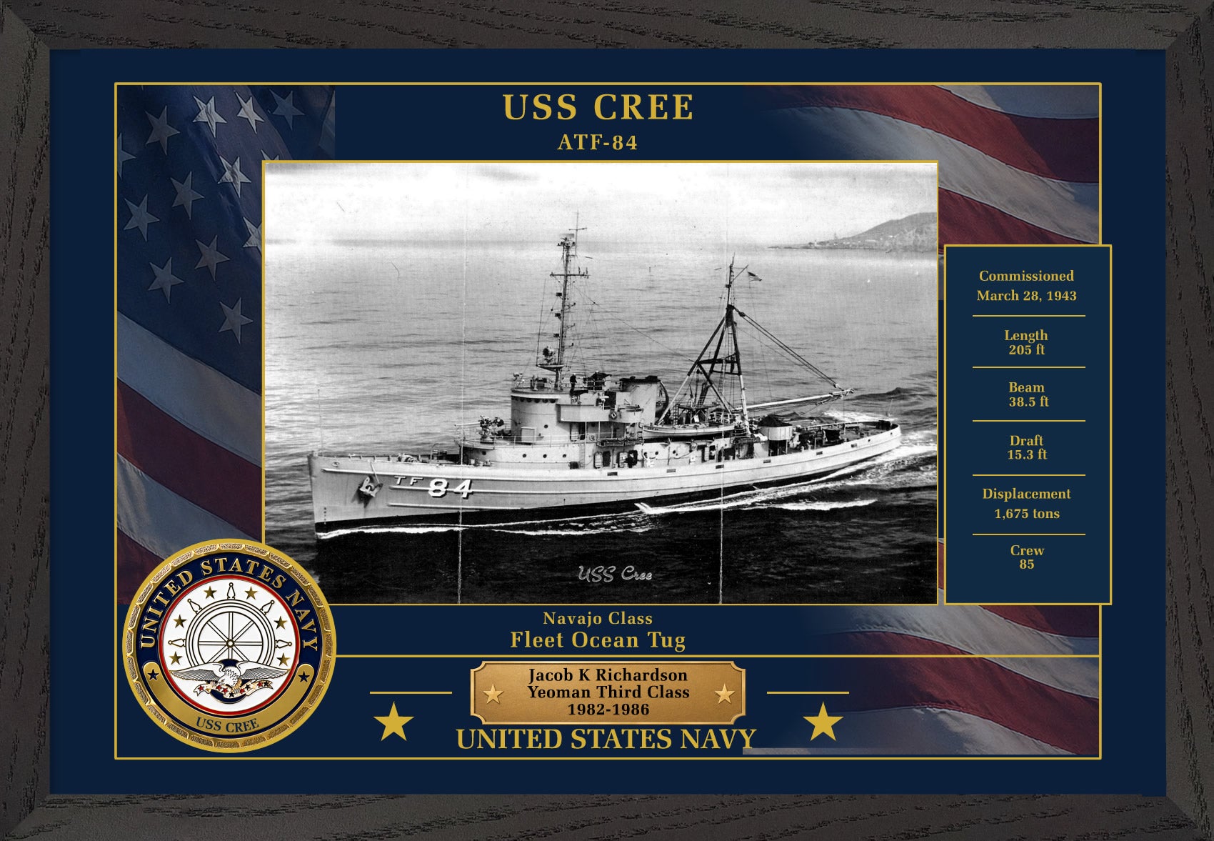 USS Cree ATF-84 Framed Patriotic Photo