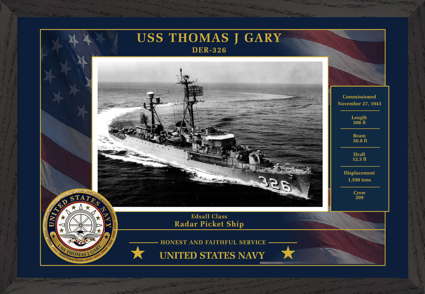 USS Thomas J Gary DER-326 Framed Patriotic Photo