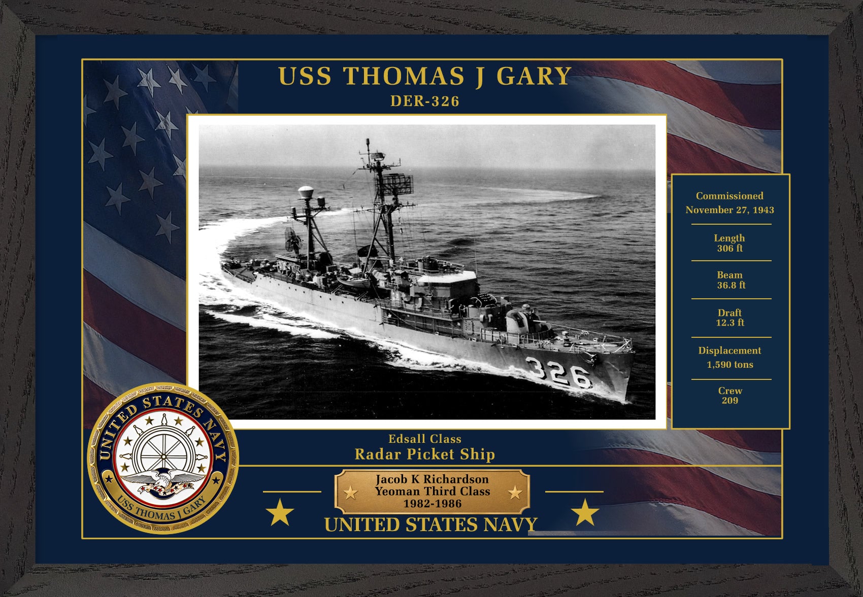 USS Thomas J Gary DER-326 Framed Patriotic Photo