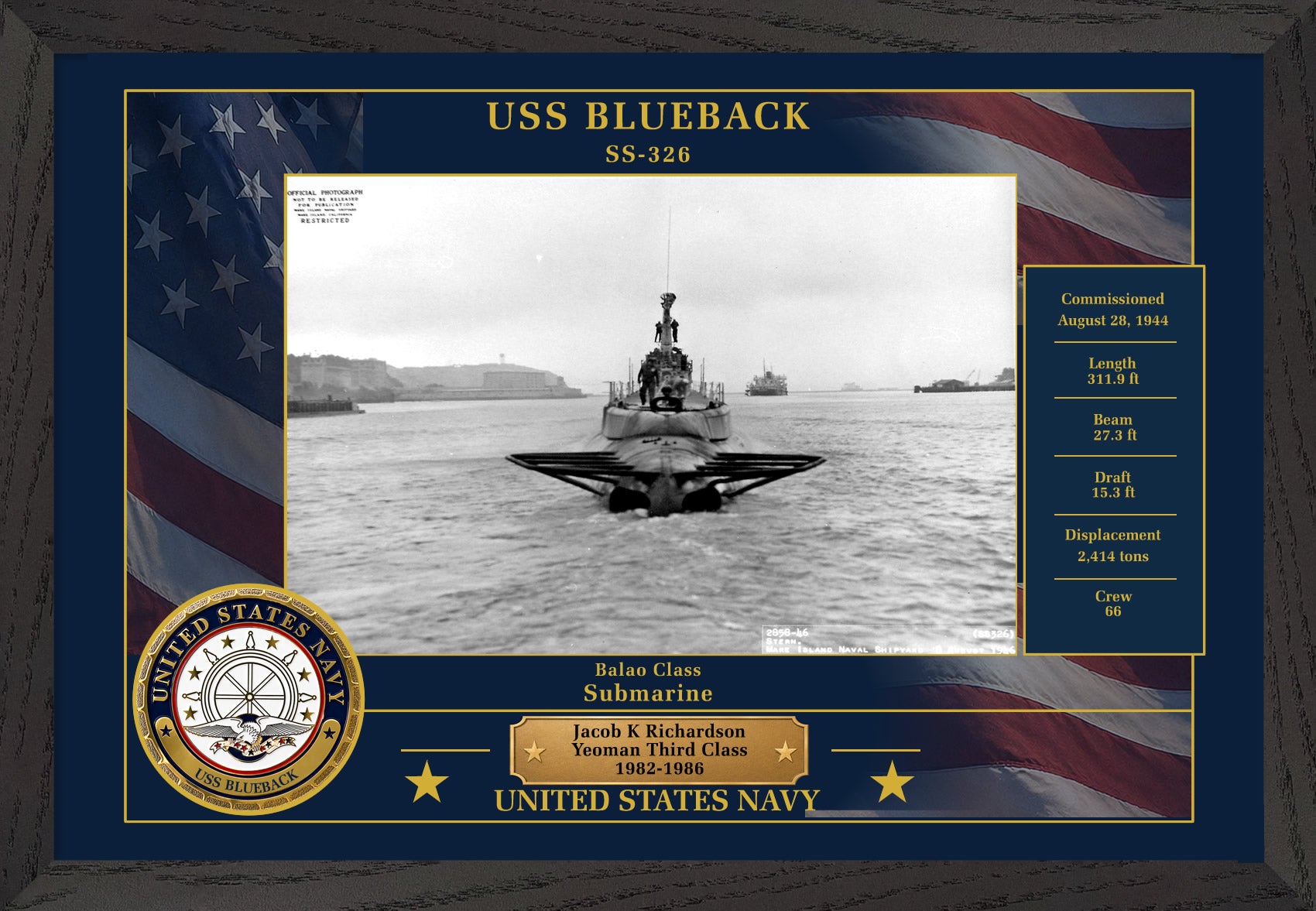 USS Blueback SS-326 Framed Patriotic Photo