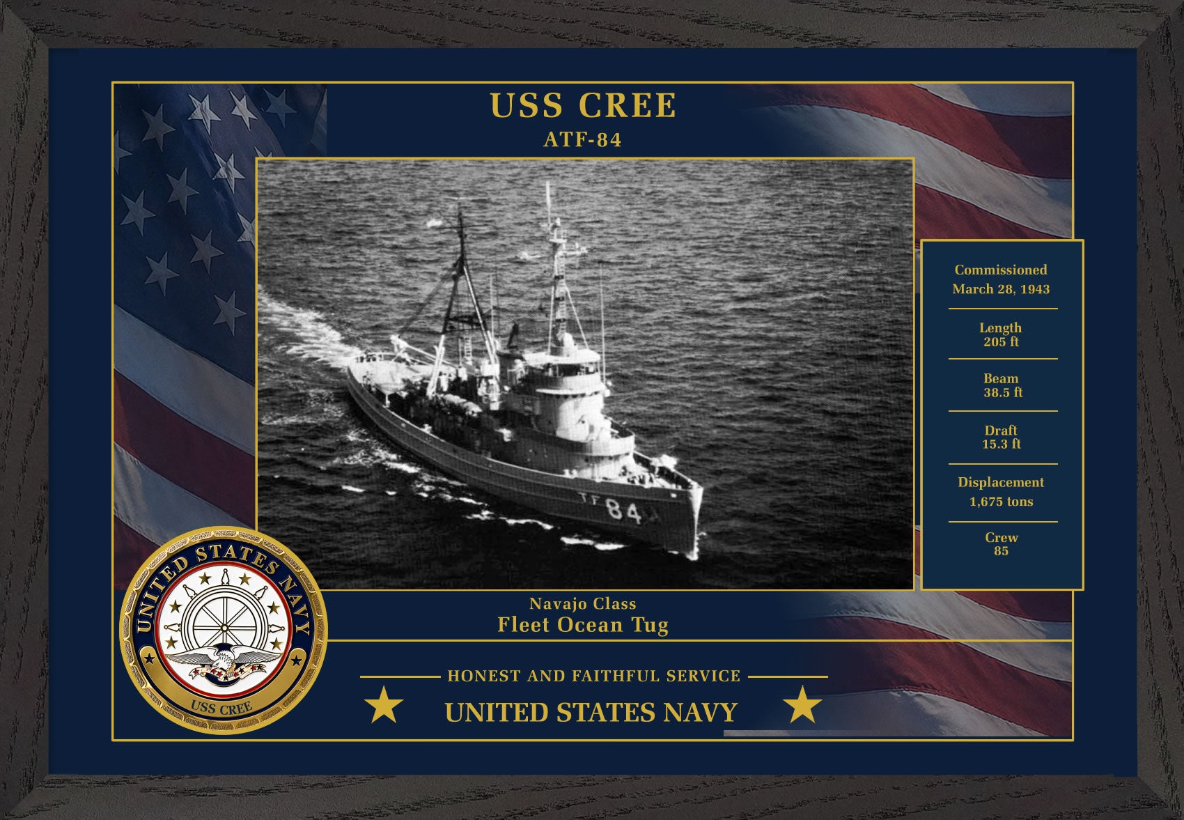 USS Cree ATF-84 Framed Patriotic Photo