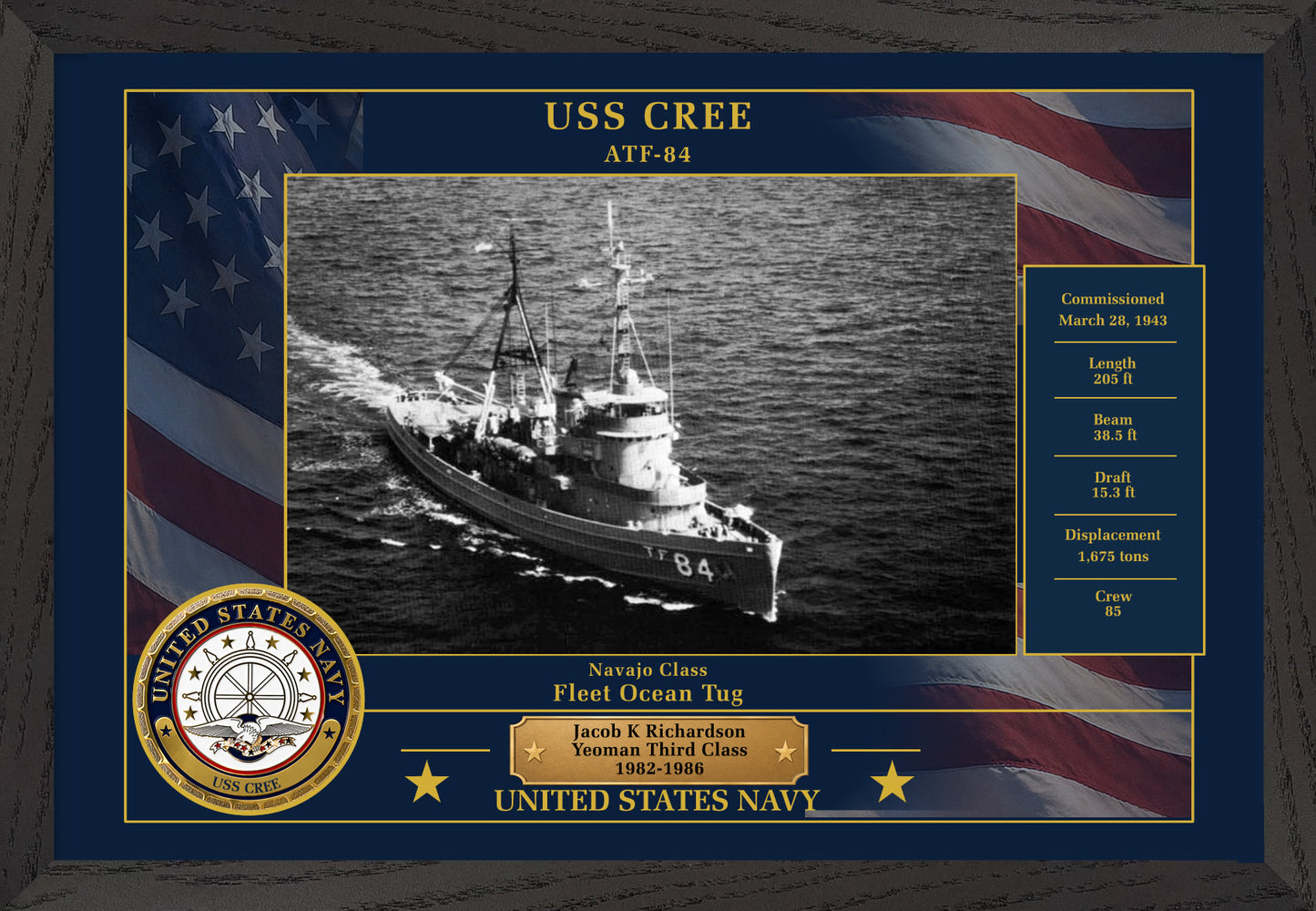 USS Cree ATF-84 Framed Patriotic Photo