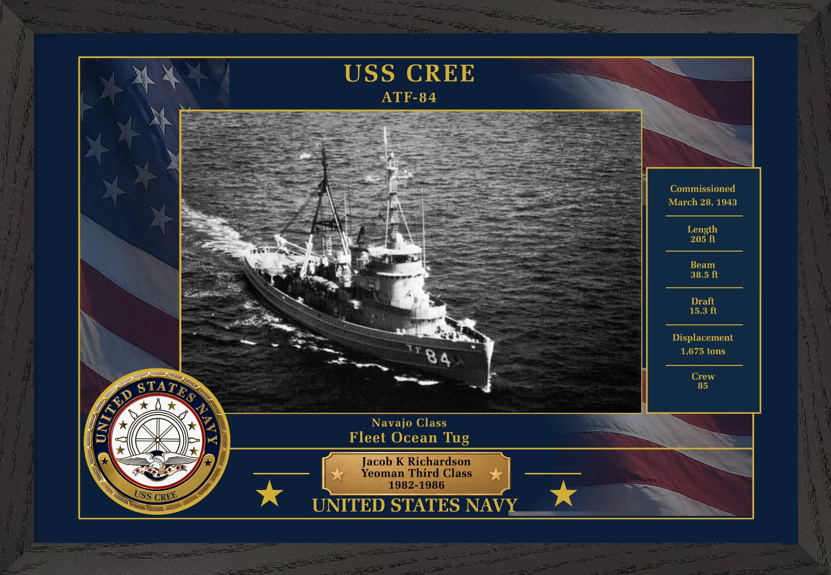 USS Cree ATF-84 Framed Patriotic Photo
