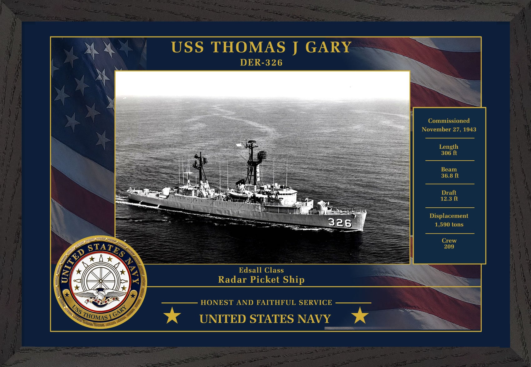 USS Thomas J Gary DER-326 Framed Patriotic Photo