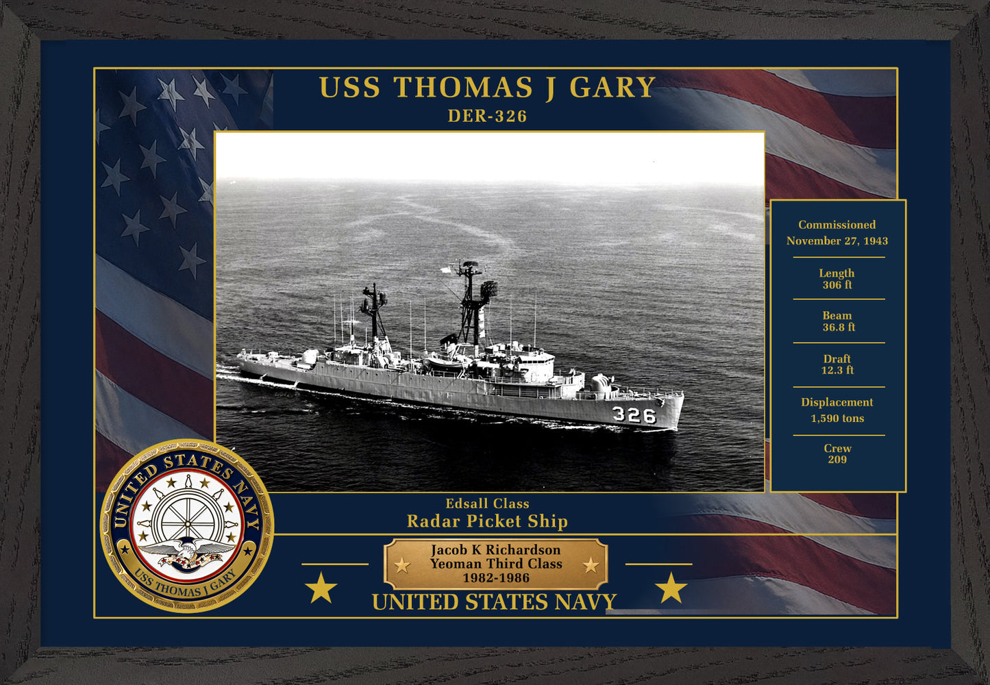 USS Thomas J Gary DER-326 Framed Patriotic Photo