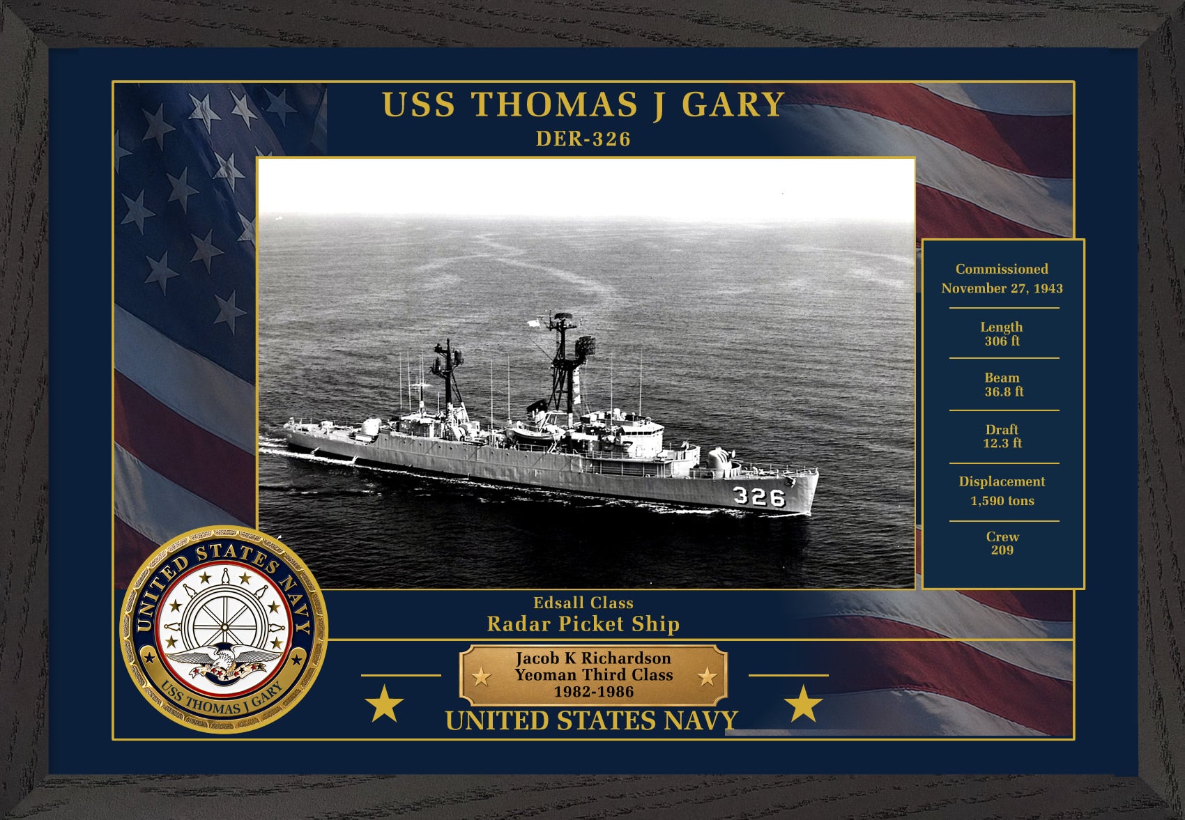USS Thomas J Gary DER-326 Framed Patriotic Photo