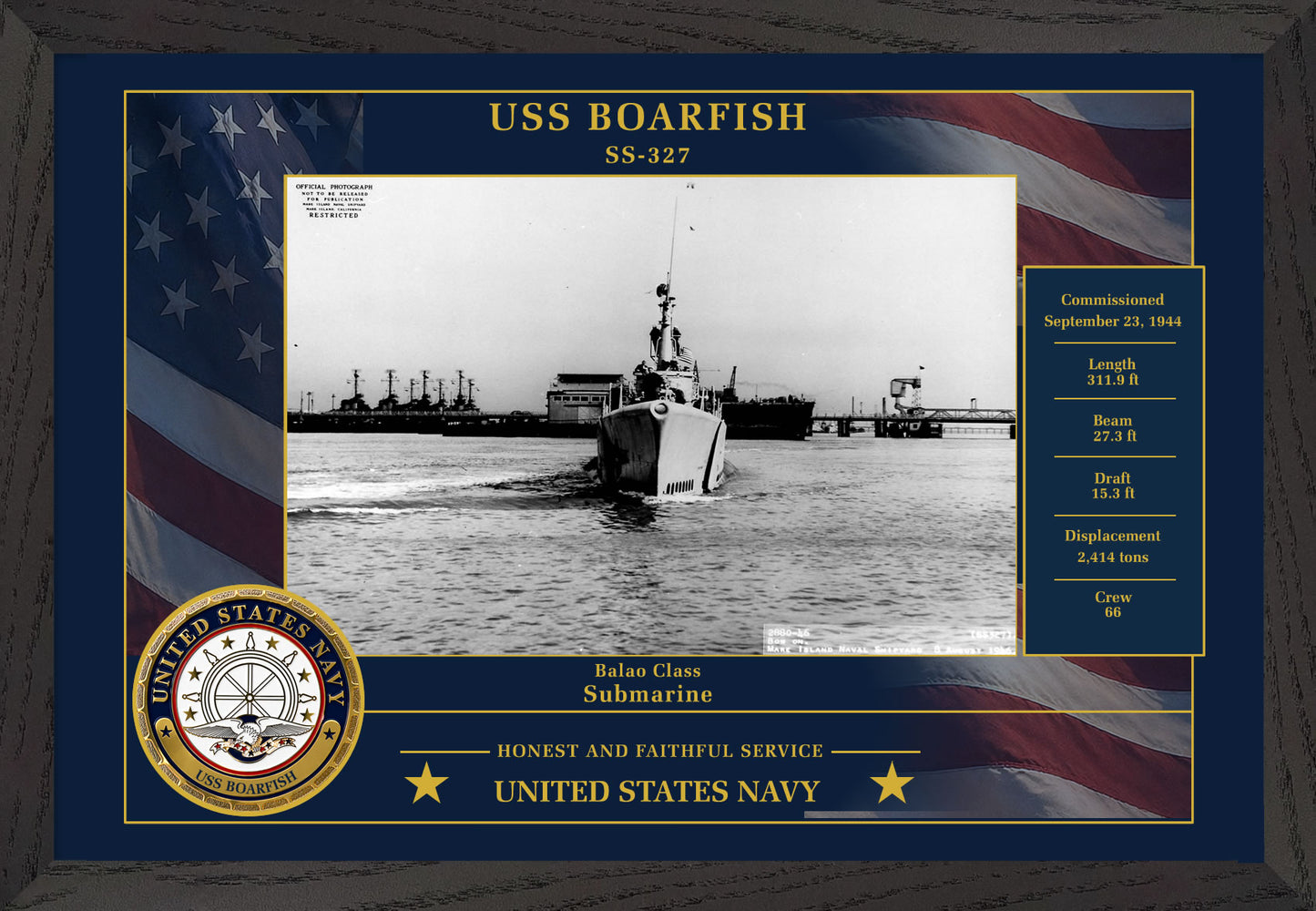 USS Boarfish SS-327 Framed Patriotic Photo