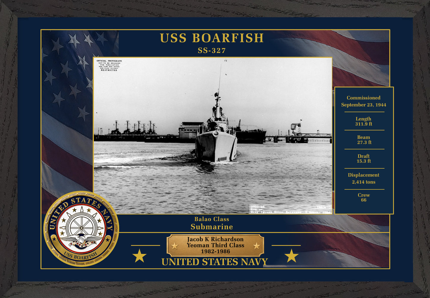 USS Boarfish SS-327 Framed Patriotic Photo