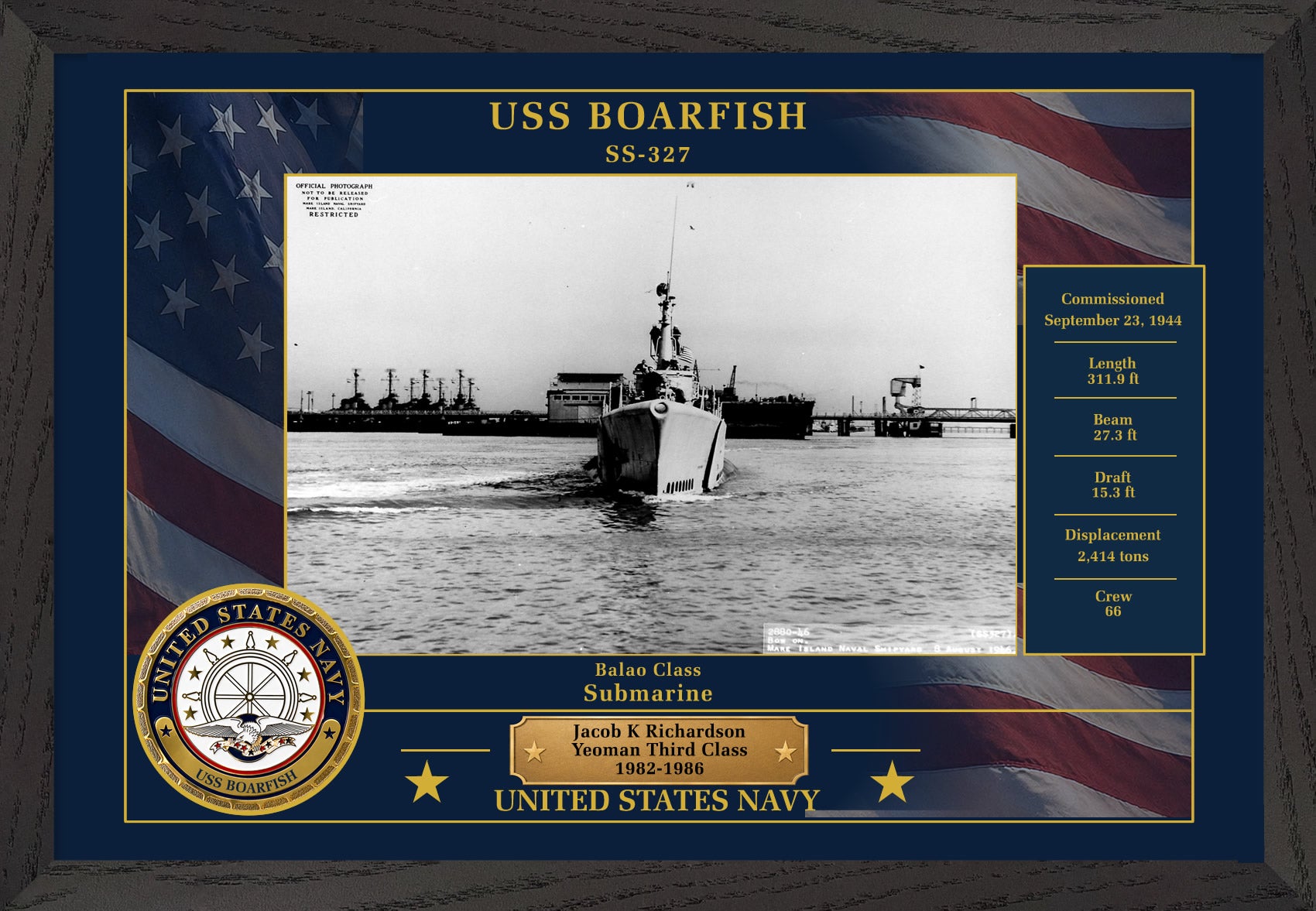USS Boarfish SS-327 Framed Patriotic Photo