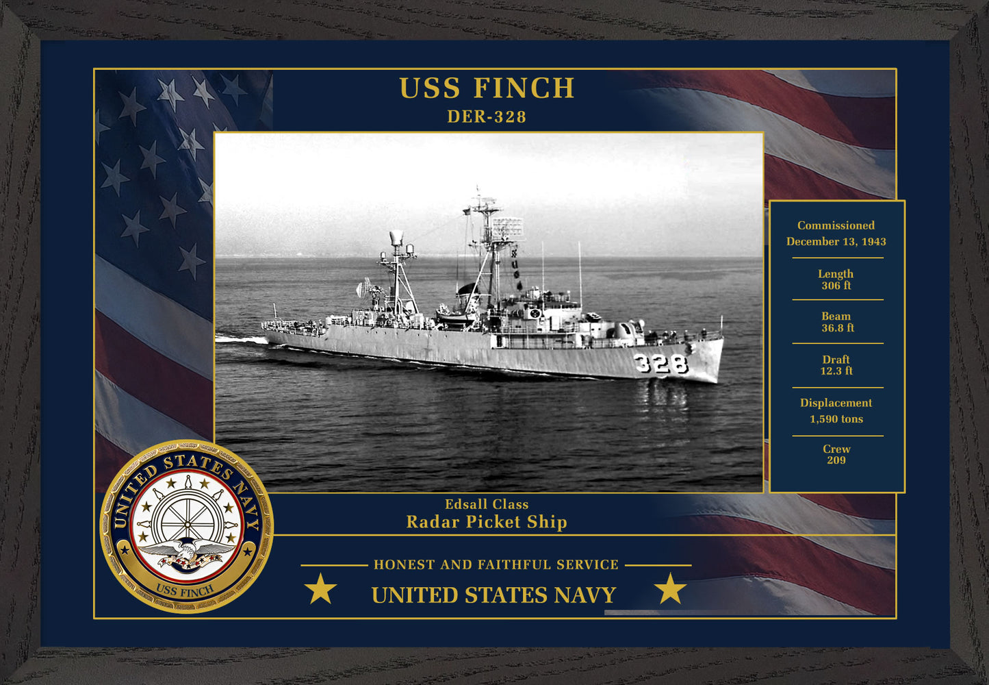 USS Finch DER-328 Framed Patriotic Photo