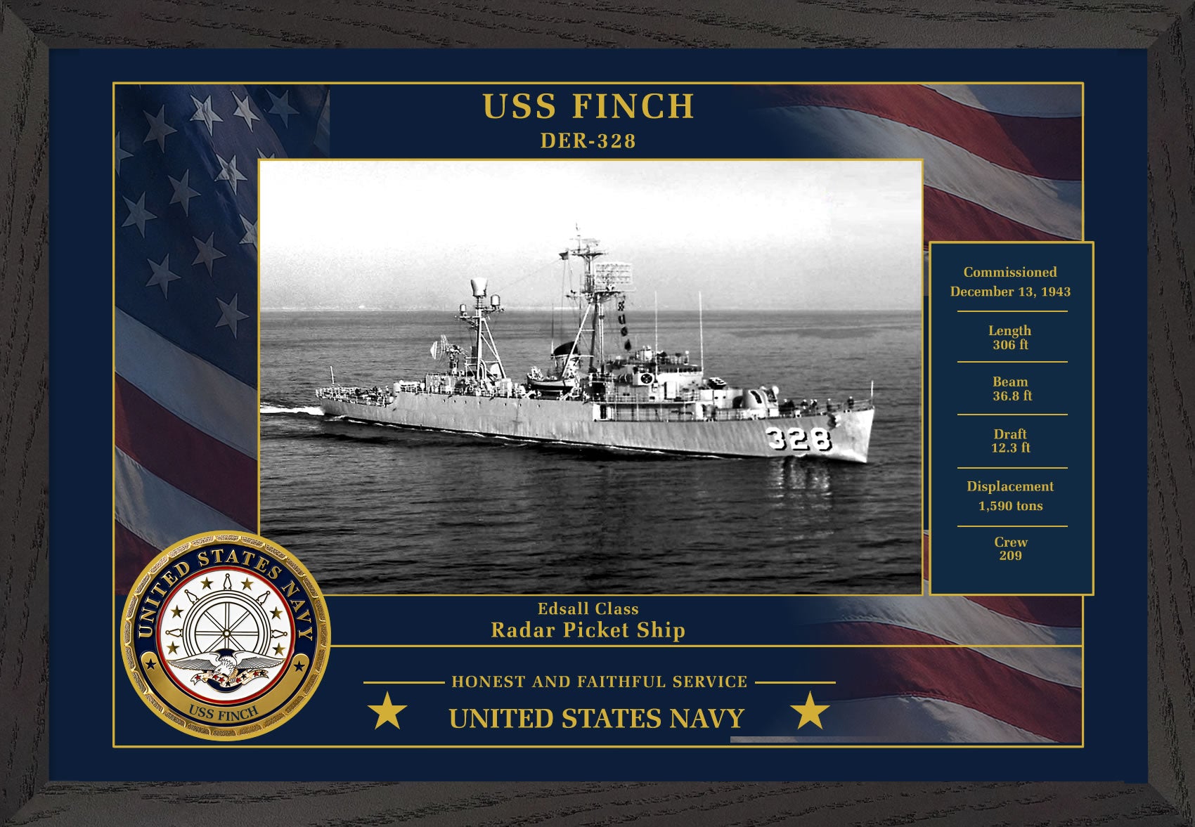 USS Finch DER-328 Framed Patriotic Photo
