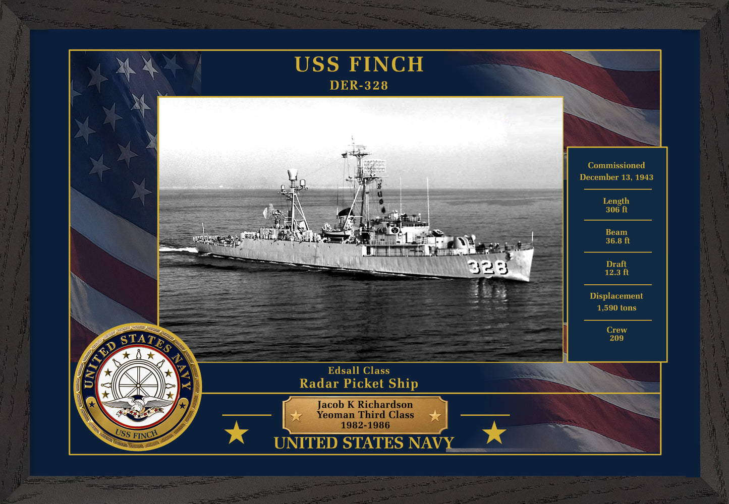 USS Finch DER-328 Framed Patriotic Photo