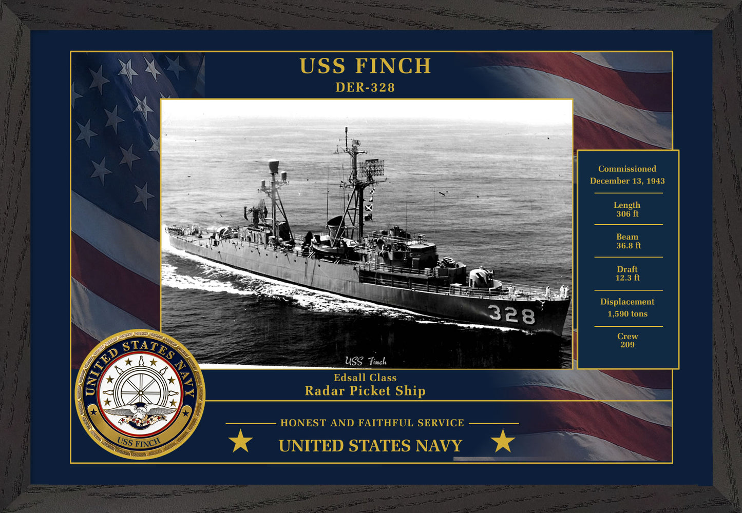 USS Finch DER-328 Framed Patriotic Photo
