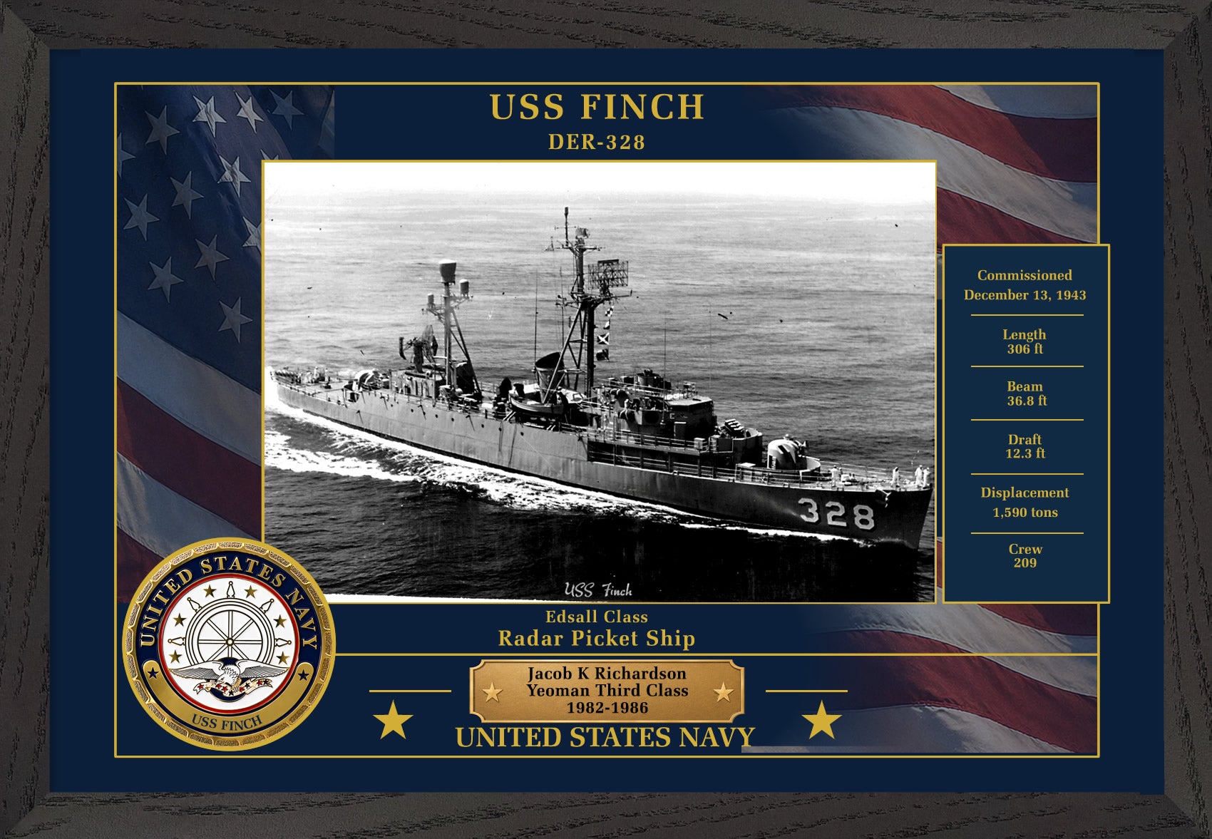 USS Finch DER-328 Framed Patriotic Photo