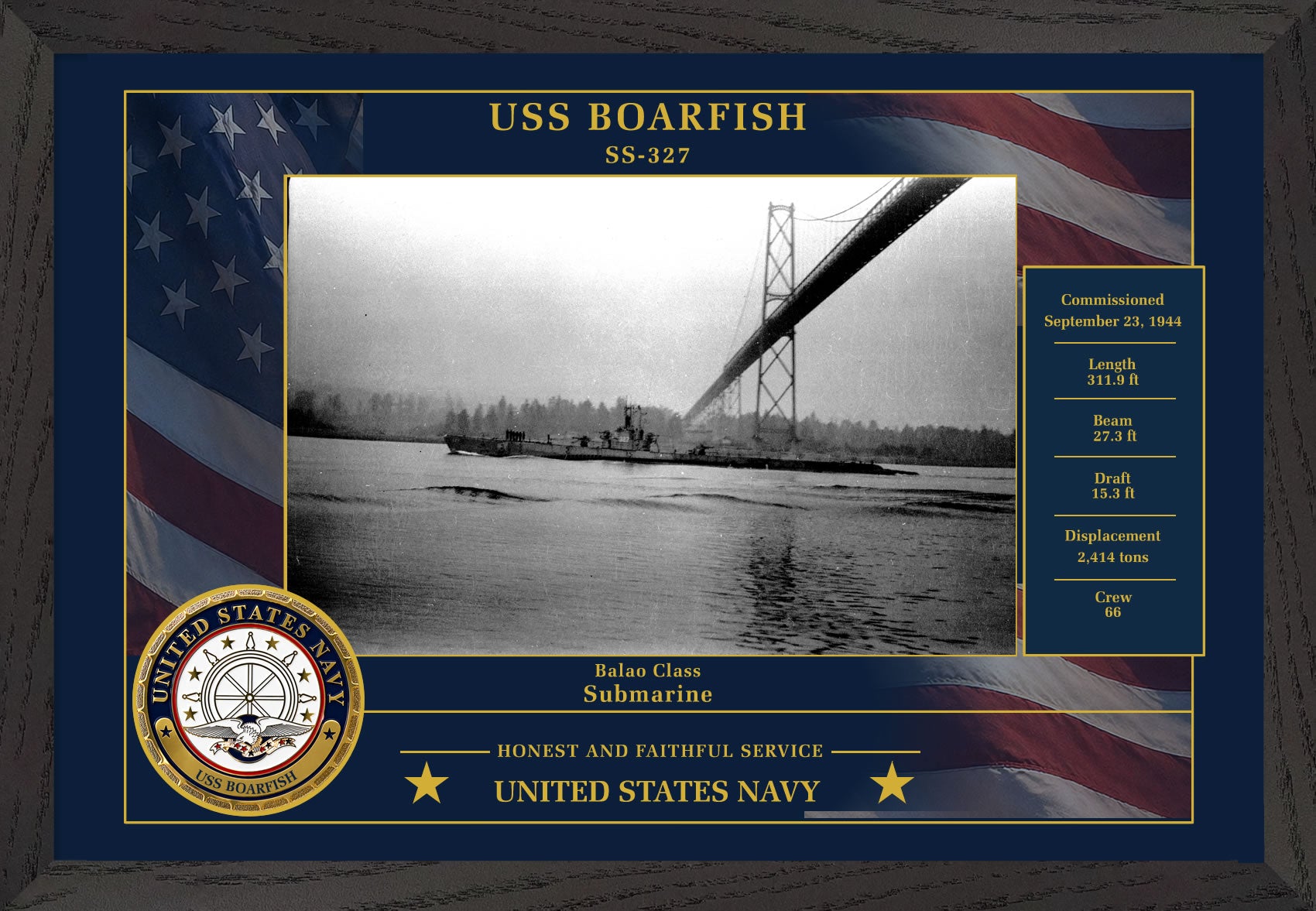 USS Boarfish SS-327 Framed Patriotic Photo