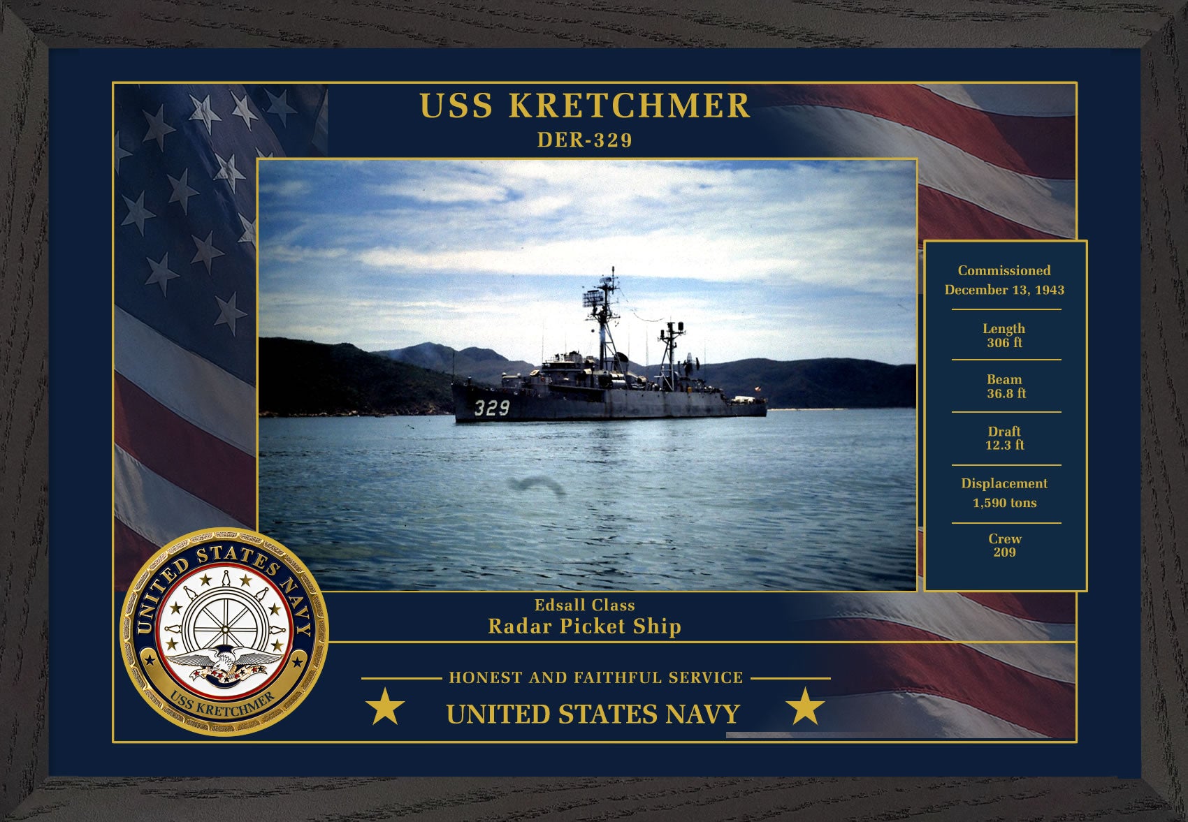 USS Kretchmer DER-329 Framed Patriotic Photo
