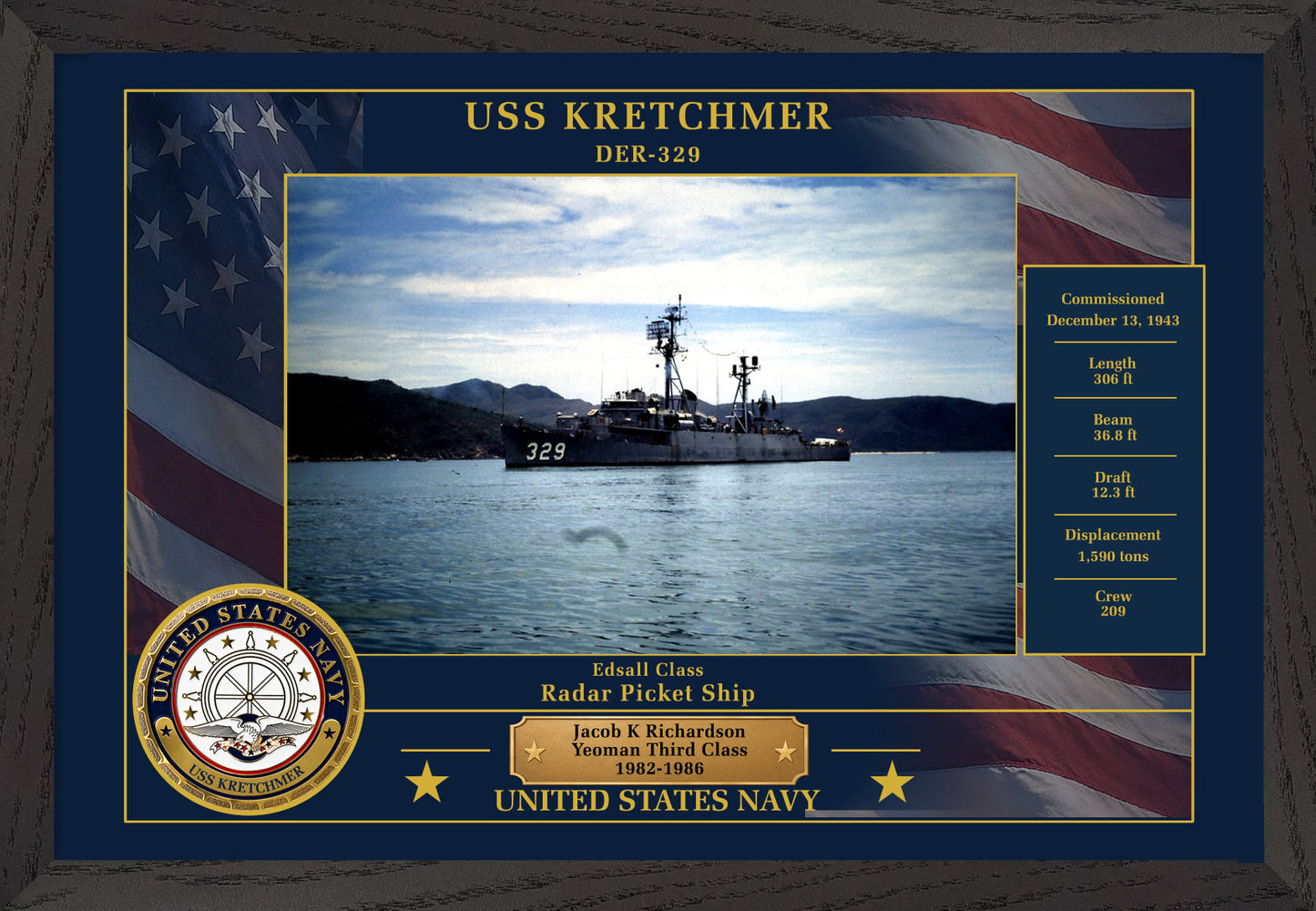 USS Kretchmer DER-329 Framed Patriotic Photo