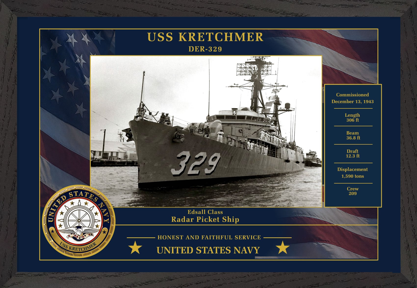 USS Kretchmer DER-329 Framed Patriotic Photo