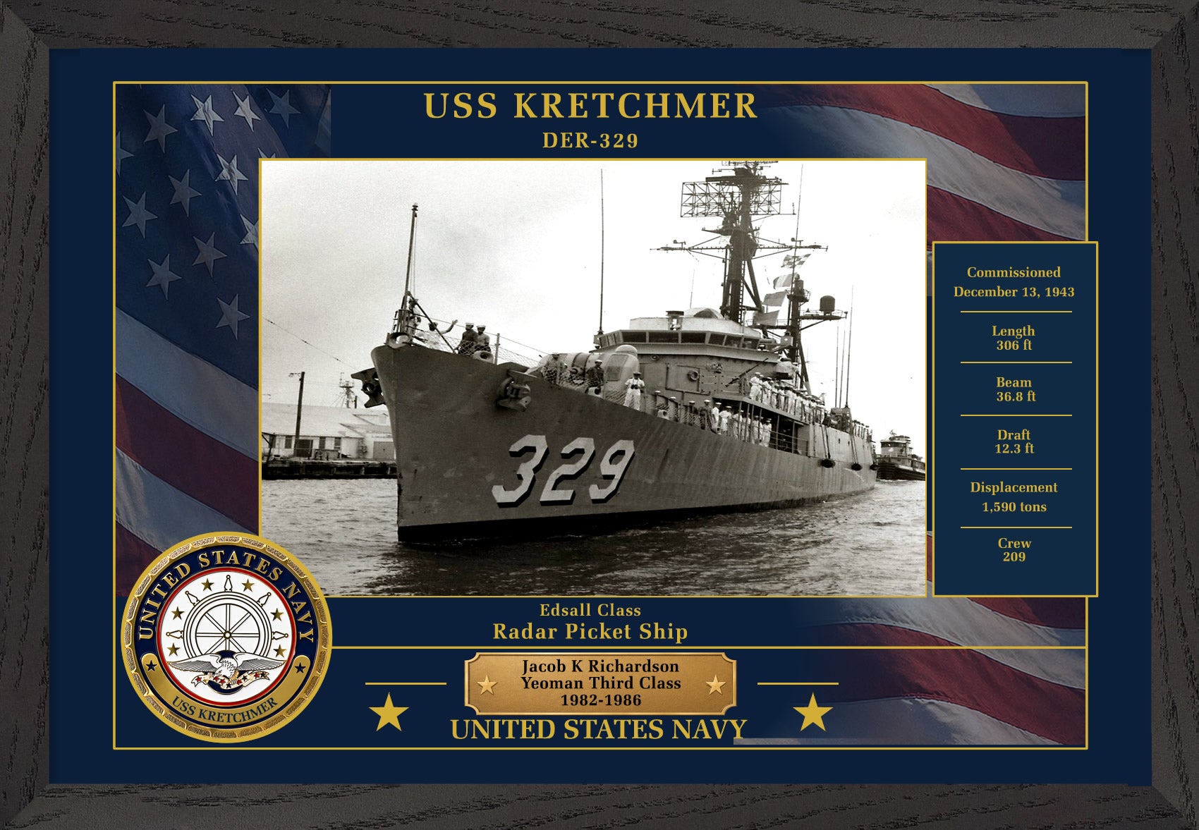 USS Kretchmer DER-329 Framed Patriotic Photo