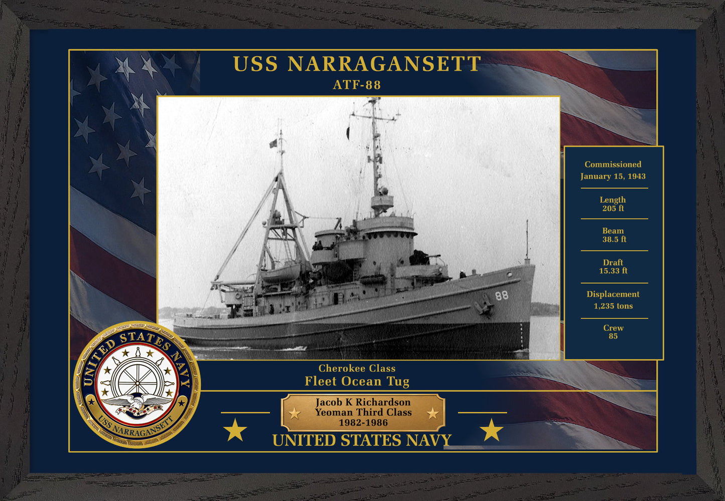 USS Narragansett ATF-88 Framed Patriotic Photo