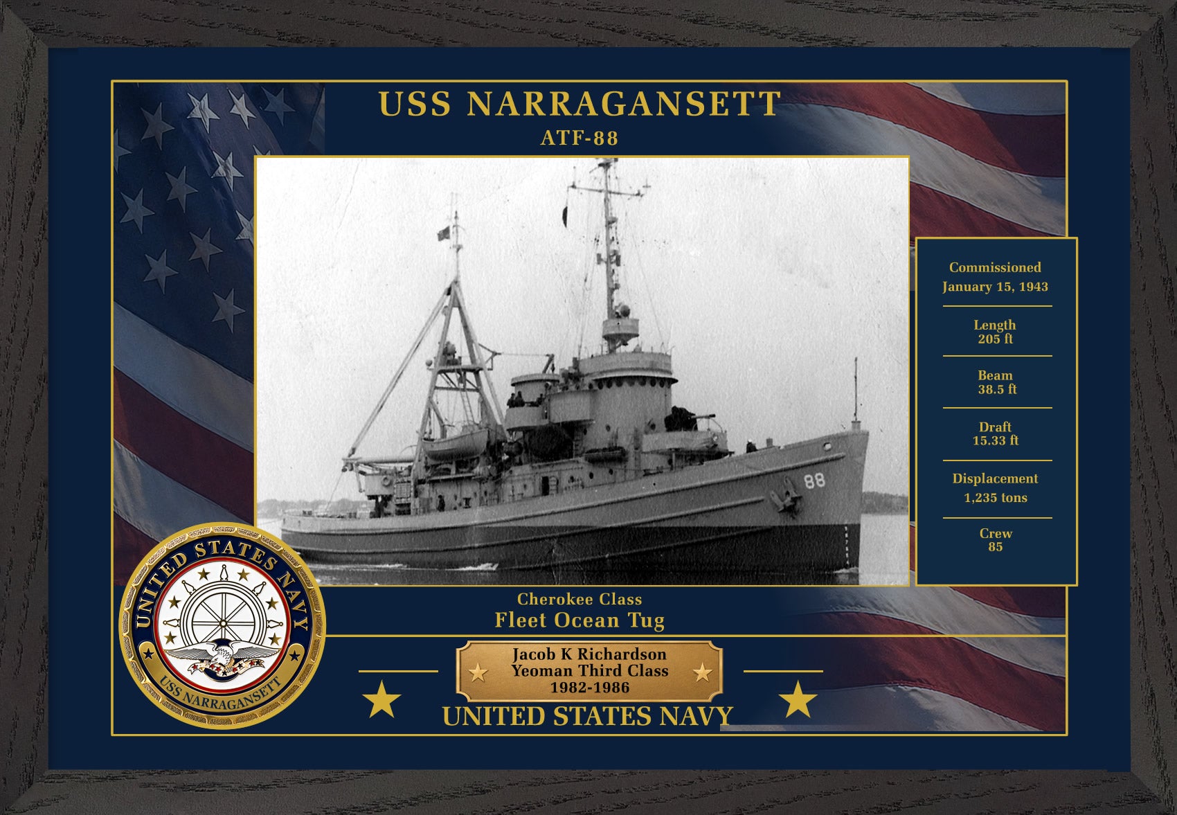 USS Narragansett ATF-88 Framed Patriotic Photo