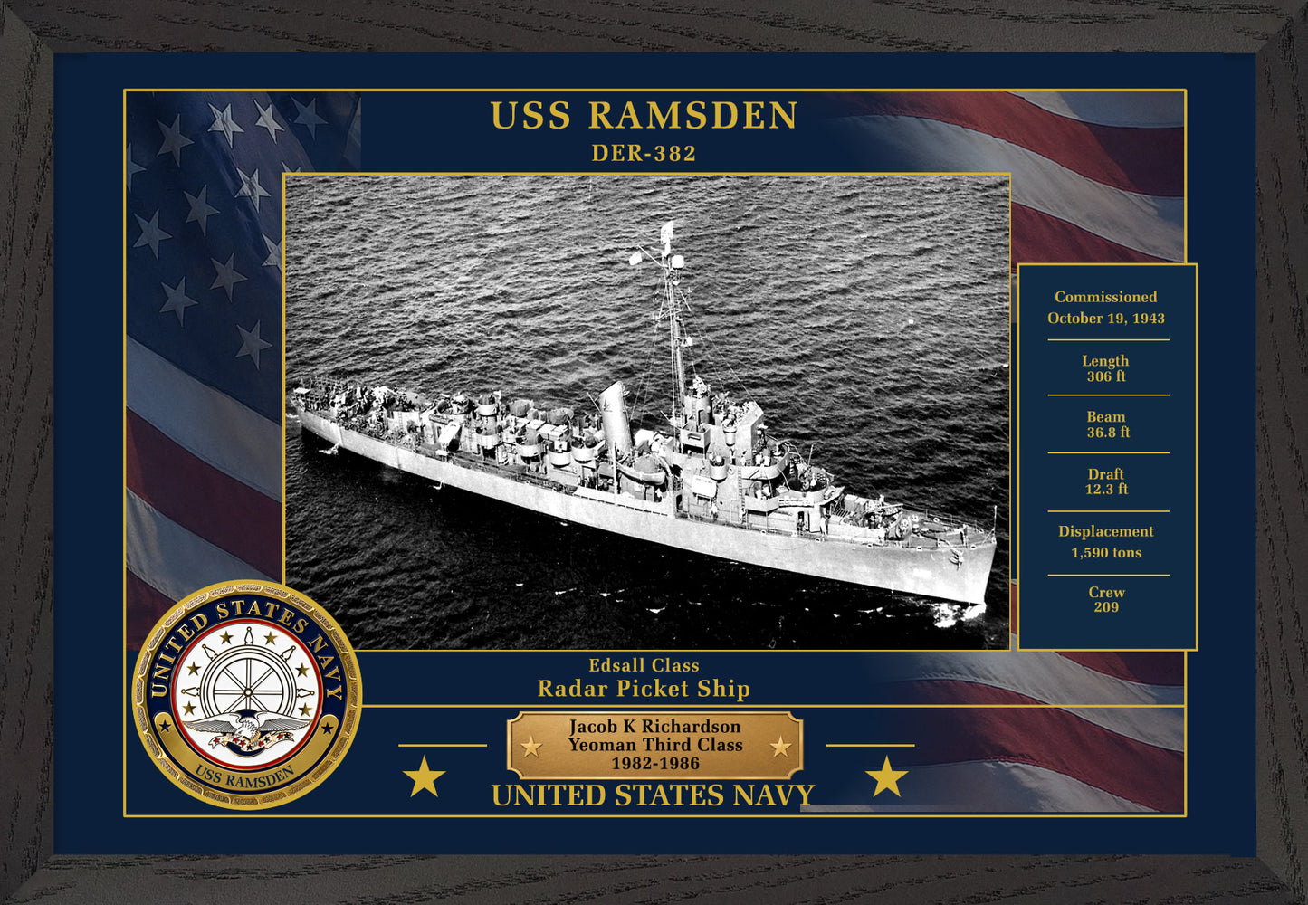 USS Ramsden DER-382 Framed Patriotic Photo