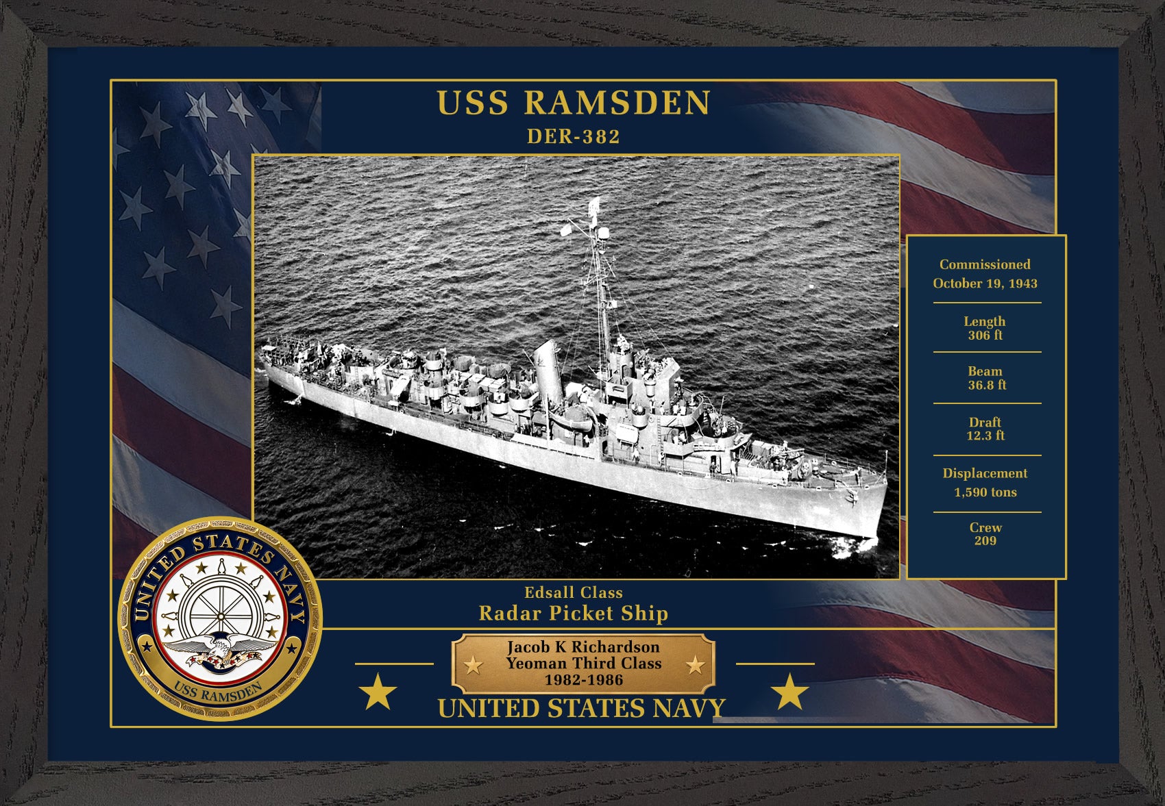 USS Ramsden DER-382 Framed Patriotic Photo