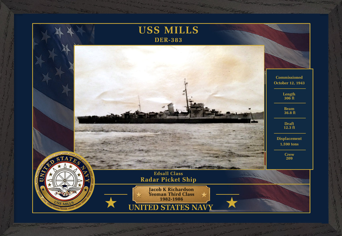 USS Mills DER-383 Framed Patriotic Photo