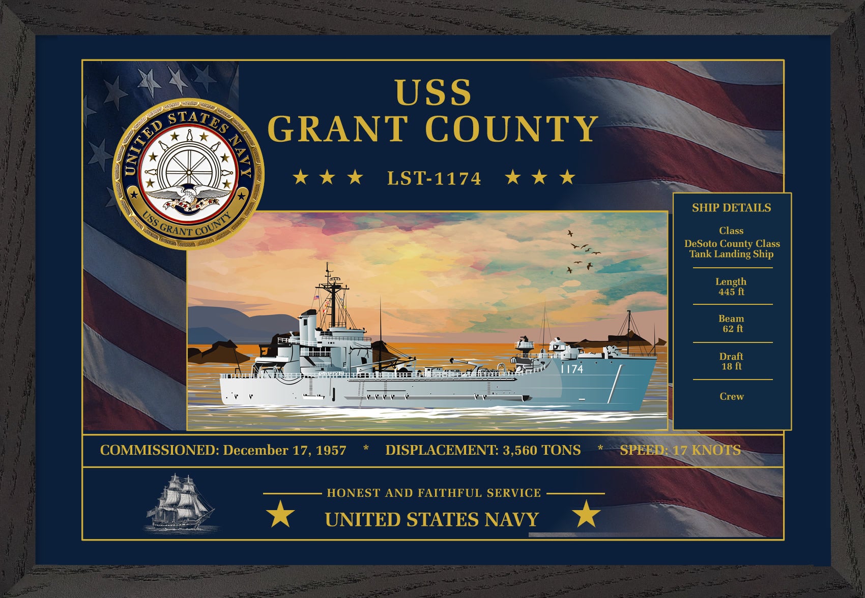 USS Grant County LST-1174 Framed Patriotic Art