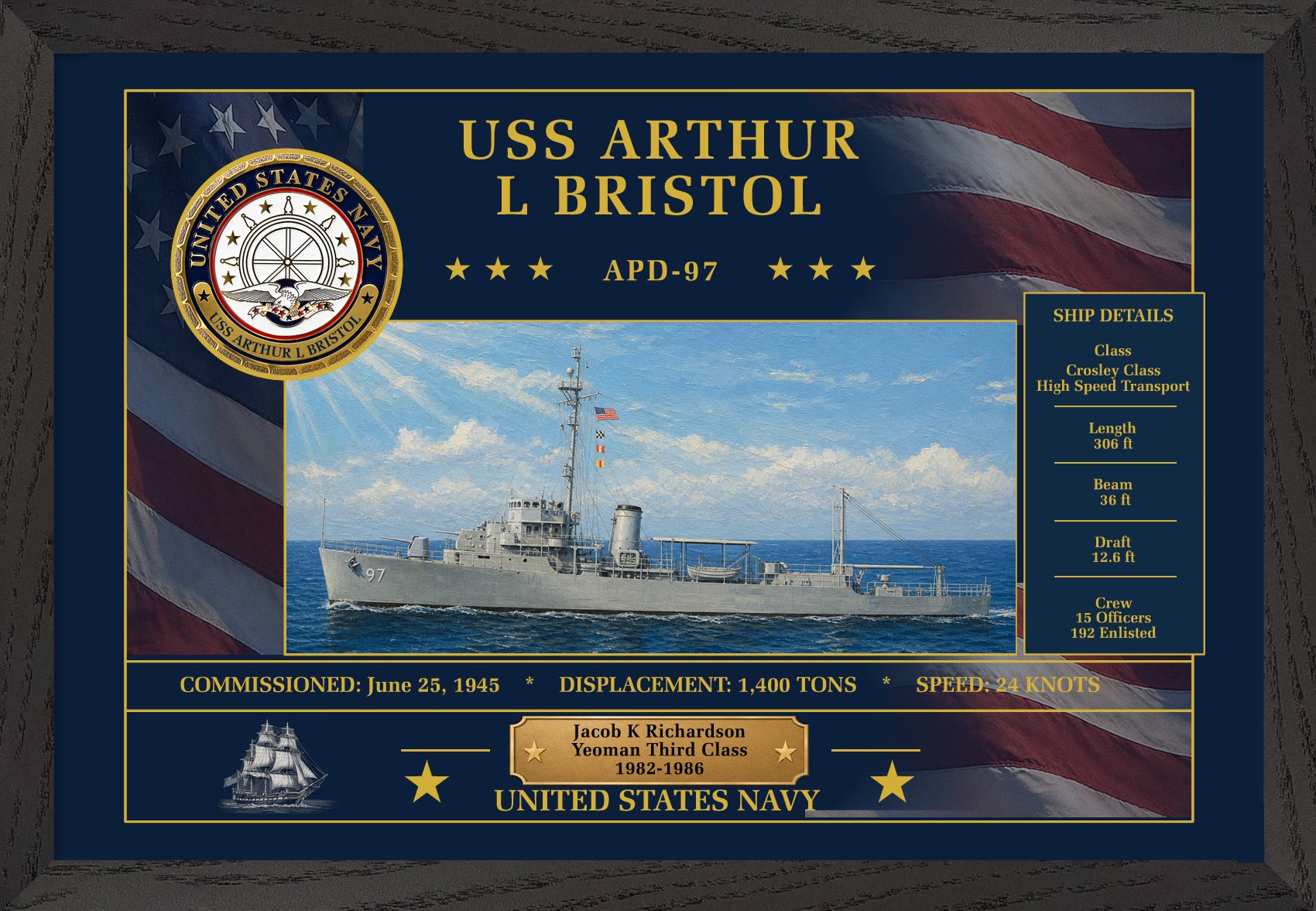 USS Arthur L Bristol APD-97 Framed Patriotic Art