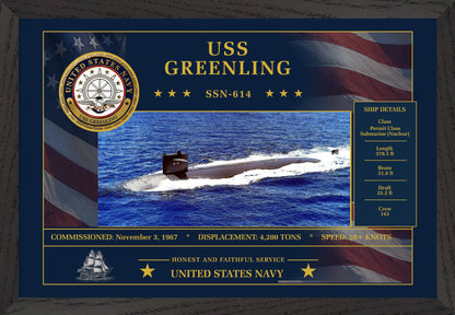 USS Greenling SSN-614 Framed Patriotic Art