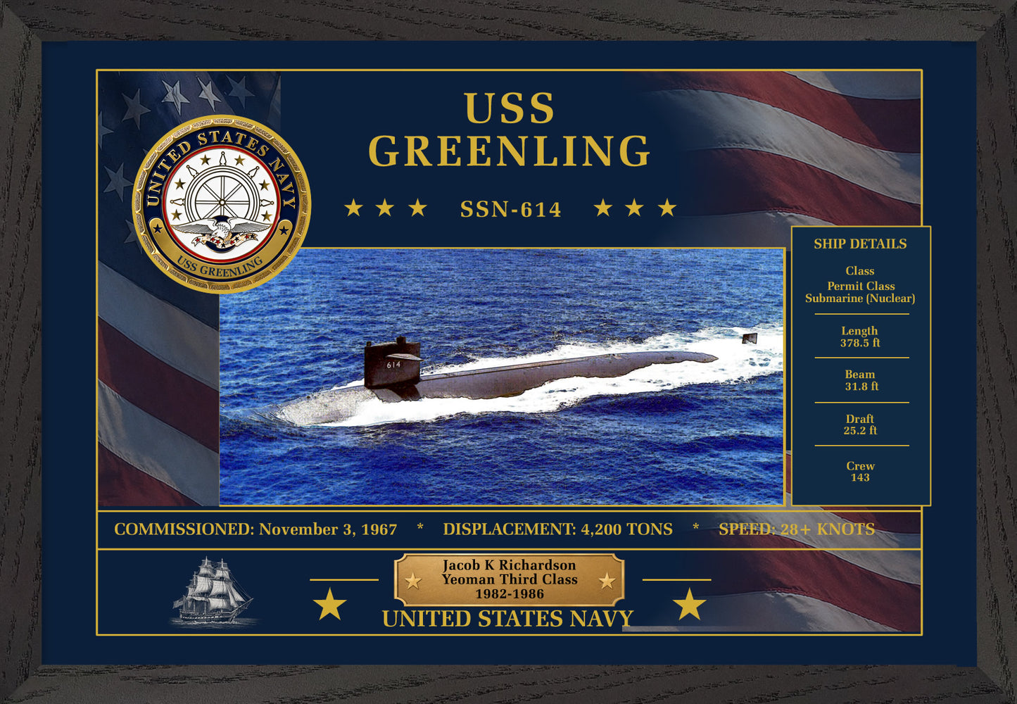 USS Greenling SSN-614 Framed Patriotic Art