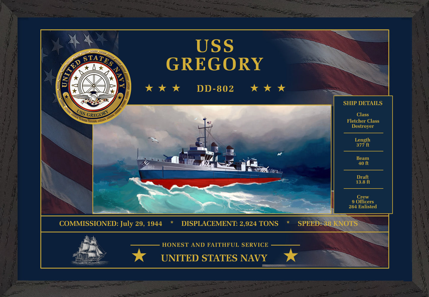 USS Gregory DD-802 Framed Patriotic Art